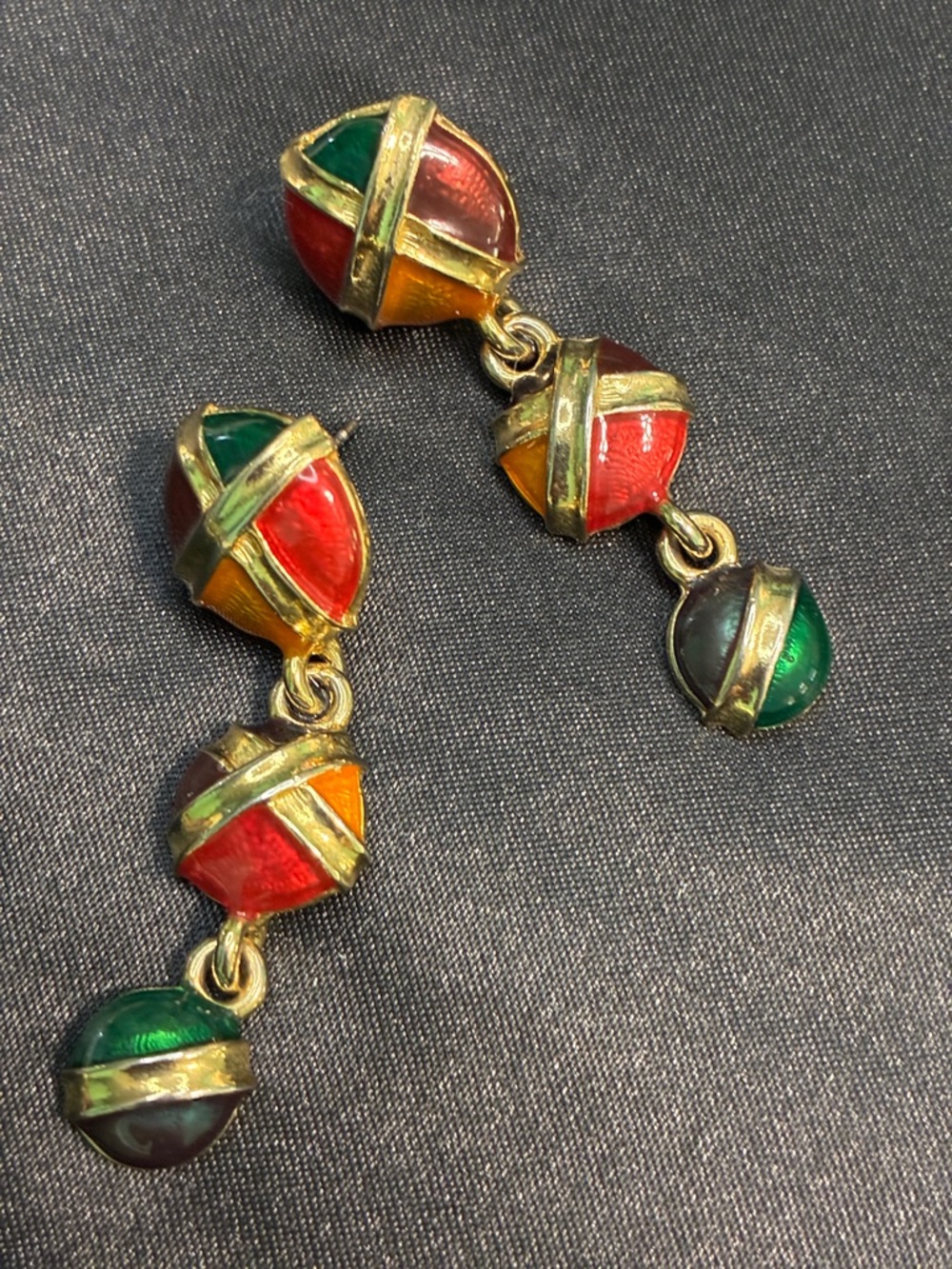 Vintage Gold-Tone Drop Earrings — Red, Green & Orange